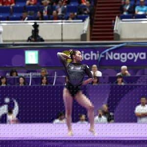 Zhang Yihan of China performs her floor exercise routine during the Women's Artistic Gymnastics Team Final at the 20th Asian Games Aichi-Nagoya 2026, held at the Nagoya General Gymnasium, Rainbow Hall. Her performance helped the Chinese women's team secure the gold medal.