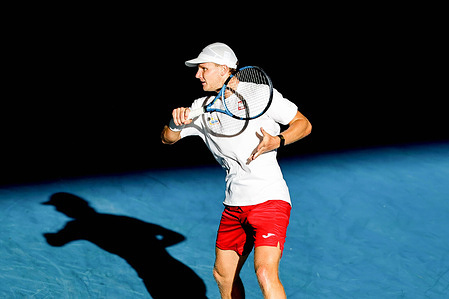 Polish Davis Cup squad member Maks Kasnkowskik trains in the shadows at Pat Rafter arena, Brisbane. Maks suffered an ankle injury during the session and is in question for the singles event on Day 1. Poland will commence the World Group Davis Cup Tie versus Australia on Saturday, September 19th.