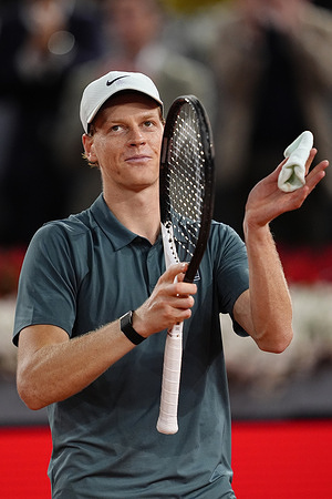 Jannik Sinner of Italy celebrates victory after the match against Rafa Jódar of Spain (not in view) during the Men’s Singles quarter-final match of the 2026 Mutua Madrid Open at La Caja Magica.