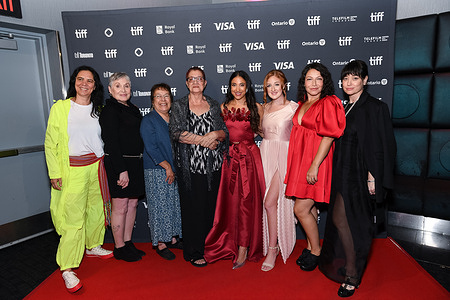 (L-R) Cast and crew including Gail Maurice, Dana Solomon, Derica Lyn Lafrance, Tamara Podemski, and Melanie Bray attend the photo call for "Blood Lines" during the 2025 Toronto International Film Festival at Scotiabank Theatre.