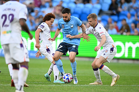 Mohammad Mustafa Amini Castillo (L), Jordan Elsey (R) of Perth Glory team and Anthony Richard Caceres (M) of Sydney Football Club team in action during the 2022-23 Liberty A-League Men's soccer semi-final match between Sydney FC and Perth Glory held at the Allianz Stadium. final score; Sydney football club 3:1 Perth glory