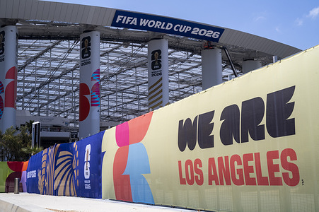 FIFA World Cup 2026 signage is displayed on columns at SoFi Stadium in Inglewood.