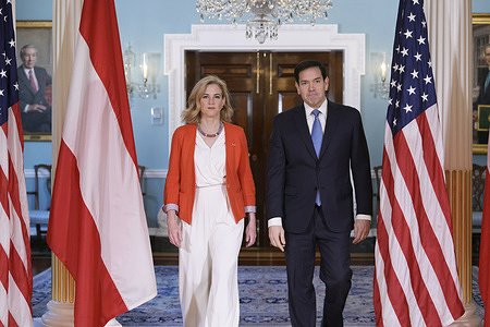 US Department of State Secretary Marco Rubio and Austrian Foreign Minister Beate Meinl-Reisinger arrive to take a spray photo opportunity before a bilateral meeting at Treat Room/State Department in Washington DC, USA.