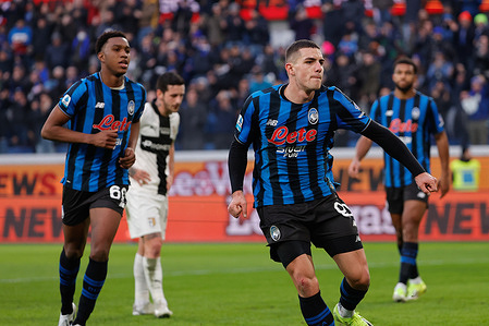 Nikola Krstovic of Atalanta BC celebrates a goal during the Italian Serie A soccer match between Atalanta BC Vs Parma Calcio 1913 at New Balance Stadium. Final score Atalanta BC 4 : 0 Parma Calcio 1913