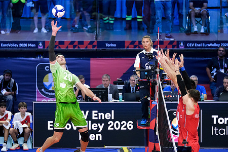 Nik Mujanović of Slovenia (L) seen in action during the Final Eight of the CEV Enel EuroVolley 2026 Men match between Slovenia and Serbia at PalaVela. Slovenia wins the match against Serbia with a score 3-0.