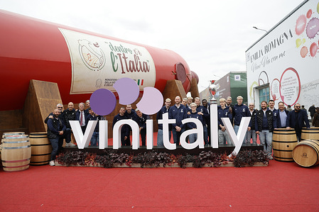 Rana Verona Volley team and Italy Cup team seen during the 58th Edition of Vinitaly International exposition of wine and spirits at Verona fair.