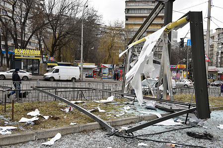 Destroyed advertising board following a Russian shelling attack. On February 24, 2022, the Russian armed forces invaded Ukraine. As part of their military operations, they have launched sustained rocket and bomb attacks on both civilian and military targets, including in and around the capital Kyiv.