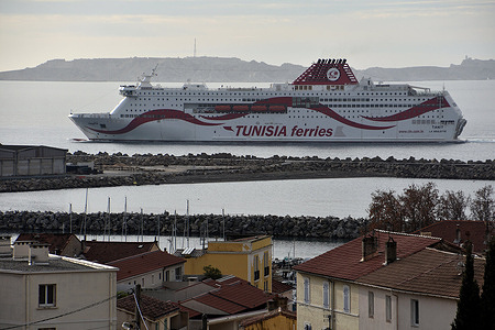 General view of the Tunisia ferries “Tanit” ship as it arrives in the French Mediterranean port of Marseille.
