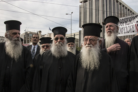 Orthodox priests seen at the demonstration.
Greek East Orthodox Church supporters demonstrate in Athens under the slogan "Greece means Orthodoxy " against the planned reforms in the teachings of Theology in schools