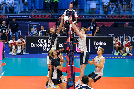 Theodoros Voulkidis of Greece (L) and Fedor Ivanov of Finland (R) seen in action during the Final Eight of the CEV Enel EuroVolley 2026 Men's match between Finland and Greece at PalaVela. Finland wins against Greece with a score 3-2.
