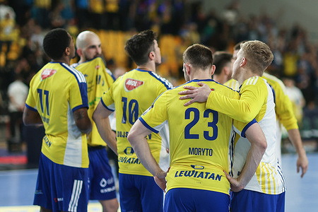 Players of Industria Kielce seen during the EHF Champions League 2025/2026 match between Industria Kielce and OTP Bank - Pick Szeged at Hall Legionow. Final Score; Industria Kielce 32:32 OTP Bank - Pick Szeged.