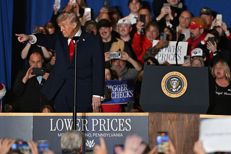 President Donald Trump arrives to speak at Mt Airy Casino.
