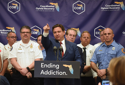 Florida Gov. Ron DeSantis speaks at a press conference to announce the expansion of a new, piloted substance abuse and recovery network to disrupt the opioid epidemic, at the Space Coast Health Foundation in Rockledge, Florida. The Coordinated Opioid Recovery (CORE) network of addiction care was piloted in Palm Beach County and will be expanding in up to twelve counties to assist Floridians battling with addiction.