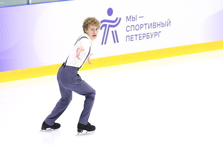 Ivan Konikhin, a Russian figure skater during the rental of the men's short program at the All-Russian figure skating competitions in memory of P.S. Grushman in St. Petersburg, in St. Petersburg GBU DO SSHOR "Academy of Figure Skating". The final result of the short program: 72.63.
