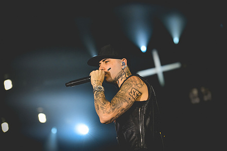 Italian rapper Andrea Arrigoni better known by the stage name Shiva performs live at PalaPartenope in Napoli.