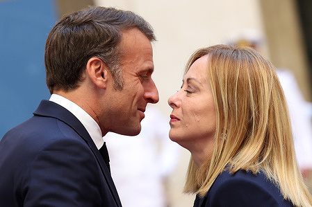 The Prime Minister of Italy, Giorgia Meloni welcomes the President of the French Republic, Emmanuel Macron, at Palazzo Chigi.