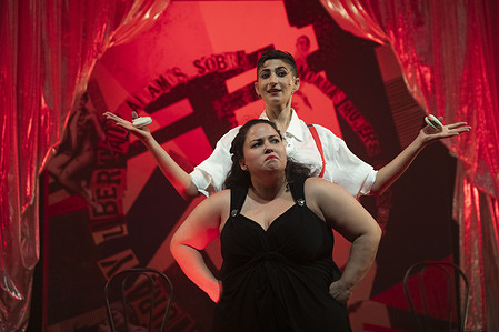 Laura Galán and Alba Flores seen performing on stage during the 'Libres' at Teatre Abadia .