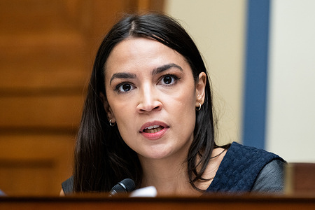 U.S. Representative Alexandria Ocasio-Cortez (D-NY) speaking at a hearing of the House Committee on Oversight and Accountability's Subcommittee on National Security, the Border, and Foreign Affairs at the U.S. Capitol.