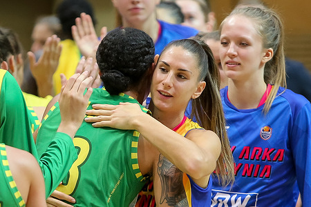 Romane Bernies and Gabby Williams celebrate victory after the Euro League Women group B match between VBW Arka Gdynia and Sopron Basket in Gdynia. 
(Final score; VBW Arka Gdynia 71:86 Sopron Basket ).