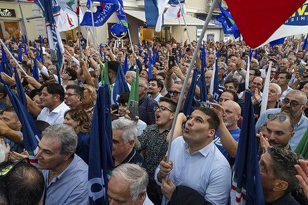 Supporters wave flags of center-right parties during the event. Italian Prime Minister Giorgia Meloni (Fratelli d’Italia, FDI) attended the electoral rally for supporting Roberto Occhiuto (Forza d’Italia, FI) as candidate for the Presidency of Calabria Region with Deputy Prime Ministers Matteo Salvini (Lega) and Antonio Tajani (Forza Italia, FI) and other politicians of the center-right coalition for the upcoming election on 5-6 October.