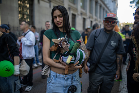 A girl carries a dog with marijuana motifs during the World Marijuana March. Cannabis consumers, patients, growers, grow shops, cannabis associations, distributors, seed banks, and CBD stores have united to demand the real decriminalization of cannabis, the repeal of the Gag Law, and fair, effective, and social regulation of cannabis in Spain under the slogan "No more fines, no more criminalization!".