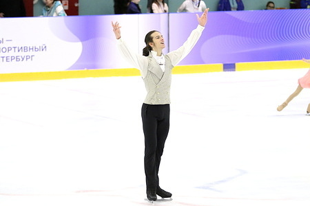 Petr Gumennik, a Russian figure skater competes during the rental of the men's arbitrary program at the All-Russian figure skating competitions in memory of P.S. Grushman in St. Petersburg GBU DO SSHOR "Academy of Figure Skating".