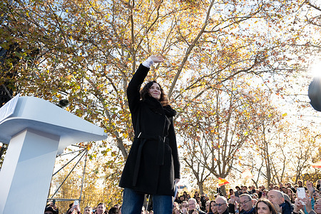 President of the Community of Madrid, Isabel Diaz Ayuso speaks during a demonstration against corruption called by the PP in front of Debod Temple.