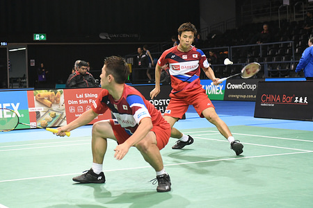 Takuro Hoki and Yugo Kobayashi (Japan) seen in action during the 2019 Australian Badminton Open Men's Doubles match against Keigo Sonoda and Takeshi Kamura (Japan). Hoki and Kobayashi lost the match 19-21, 21-18, 16-21.