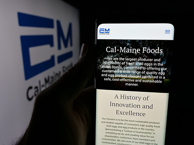 In this photo illustration, a person is holding a smartphone with the web page of US egg producing company Cal-Maine Foods Inc. on screen in front of logo.