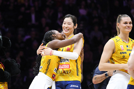 Ting Zhu of Prosecco Doc A.Carraro Imoco Conegliano (C) celebrates victory during the Coppa Italia Frecciarossa 2026 Semi-Final between Prosecco DOC A. Carraro Imoco Conegliano and Igor Gorgonzola Novara at Inalpi Arena in Turin, Italy. Carraro Imoco Conegliano 3 : 0 Igor Gorgonzola Novara