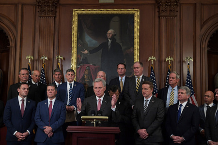House Minority Leader Kevin McCarthy (R-CA) alongside Republican Veterans speaks about Afghanistan and Accountability during a press conference at Capitol Hill in Washington.