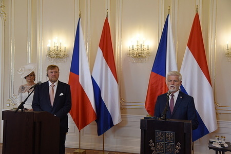 From left to right: Queen Maxima of the Netherlands, King Willem-Alexander of the Netherlands, Czech president Petr Pavel seen during joint press conference at the Prague Castle. Dutch Royal Couple, King Willem-Alexander of the Netherlands and Queen Maxima of the Netherlands, visits the Czech Republic and meet with the Czech president Petr Pavel and his wife Eva Pavlova.