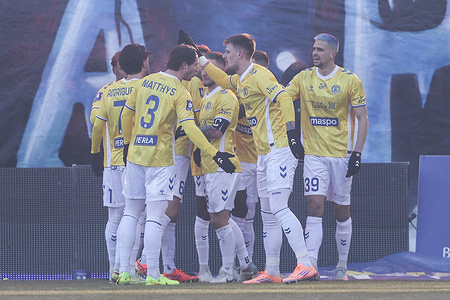 Players of Motor Lublin celebrate a goal during Polish League PKO BP Ekstraklasa 2025/2026 football match between Motor Lublin and Pogon Szczecin at Motor Lublin Arena. Final score; Motor Lublin 2 : 1 Pogon Szczecin.