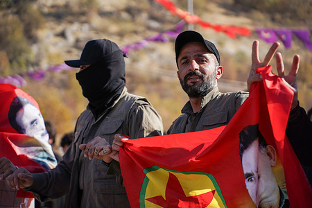 Guerrillas and their supporters celebrate at a large anniversary gathering in the Qandil mountains. A photo taken inside the PKK's base as guerrilla fighters and supporters gather to celebrate the 47th anniversary of the PKK (Kurdistan Workers Party), amid the ongoing peace process with Turkey.