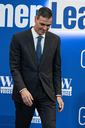 President of the Government, Pedro Sanchez attends during the event of Women leading the UN of the 21st century, at the Real Academia de Bellas Artes de San Fernando.