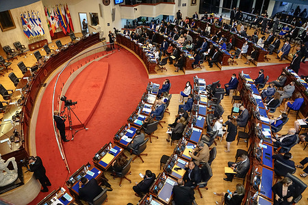An interior view of the legislative palace during the inauguration.A new Congress was inaugurated giving power to the Nuevas Ideas party created by the Salvadoran President Nayib Bukele that received 56 out of 84 legislative representatives.