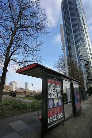 Activists have left a poster at a bus stop on a busy London street. Activists change a bus stop poster and leave one that reads ‘The IDF Kills A Child In Gaza Every 45 Minutes -This Is Terrorism’ opposite the U. S embassy in London