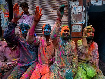 Devotees seen covered in color during the Lathmar Holi celebration at Barsana.

The myth behind this Lathmar Holi is related with Hindu God Lord Krishna who as per local belief came from his hometown Nandgaon to his lovers place at Barsana and teased Radha and her friends. With this common belief since more than 100 years, women of Barsana still maintaining the ritual and beating the outsiders of Nandgaon with sticks (Lathi) to maintain the tradition on this particular day.