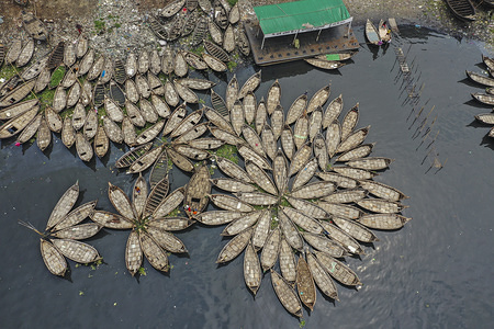 (EDITOR’S NOTE: Image taken with a drone)
Aerial view of boats docked on burigonga river during a government-imposed lockdown as a preventative measure against the spread of the COVID-19 coronavirus.