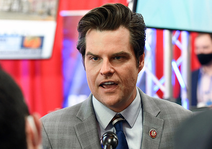 Rep. Matt Gaetz (R-FL) speaks to the media at the 2021 Conservative Political Action Conference at the Hyatt Regency. Former U.S. President Donald Trump is scheduled to speak on the final day of the conference.