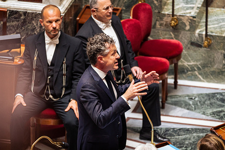Christophe Béchu, French Minister of the Ecologic Transition, seen speaking during the National Assembly.