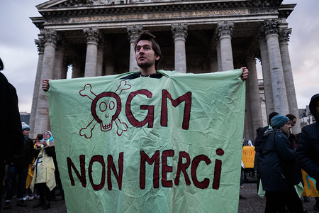 Environmental protestors display placards addressing various environmental issues including GMO. They were answering a call from 350 France, Tour Alternatiba, Les Amis de la Terre France, ANV Action non-violente COP21, Attac France (Officiel), Bizi Mugi, le CRID, le Réseau Action Climat, la Fondation pour la Nature et l'Homme, Oxfam France,Refedd et ZEA, several hundred protesters gathered in front of the Panthéon in Paris for the protest. They symbolically tore down the “wave of energies from the past”.