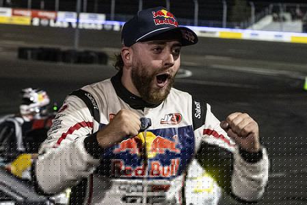 Conor Shanahan celebrates as he wins Formula Drift Las Vegas. Formula Drift debuts a new circuit at the the Las Vegas Motor Speedway for the Pro series and Pro-spec Championships.
