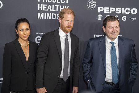 (L-R) Meghan, Duchess of Sussex, Prince Harry, Duke of Sussex, and Phil Schermer attend the Project Healthy Minds 3rd Annual Gala at Spring Studios.
