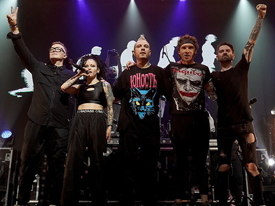The whole group on stage before the bow during a concert program of the new album.
Russian rock group "Slot" performed with a concert program of the new album "Survival Instinct" in the Moscow club "1930 Moscow".