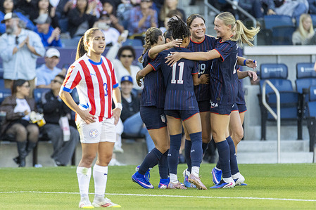United States' Emma Sears (19) celebrates with teammates after scoring against the Paraguay during an international friendly soccer game at Dignity Health Sports Park. Final score: United States 6:0 Paraguay