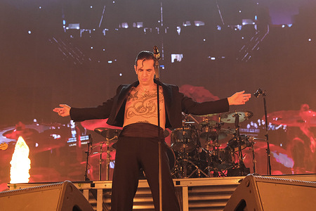 Singer Achille Lauro performs live during his "Palazzetti Live 2026" tour at Inalpi Arena.