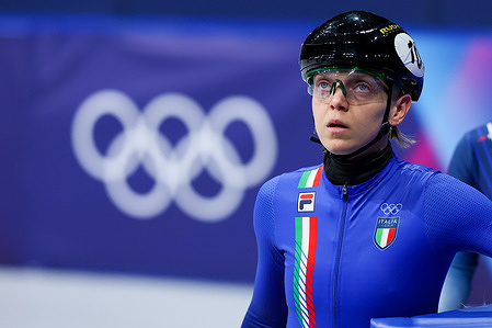 Arianna Fontana of Italy look on during the Short Track Speed Skating Women's 500m Heats of the Milano Cortina 2026 Winter Olympics at Milano Ice Skating Arena.