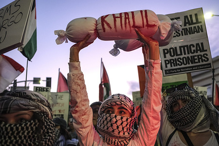 Pro Palestinian protesters hold fake dead bodies bags of children during the demonstration. Demonstrators, led by Palestinian Youth Movement gathered outside the Consulate General of Israel in Los Angeles to protest against Israel’s ongoing siege of the Gaza Strip and the humanitarian crisis that it is causing.