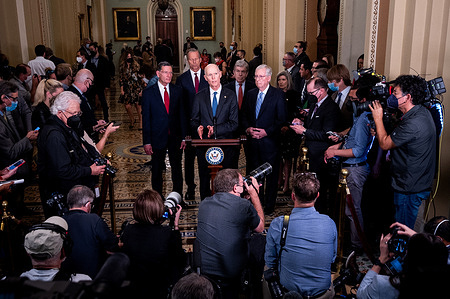 U.S. Senator Rick Scott (R-FL) speaks at a press conference of the Senate Republican Caucus leadership.